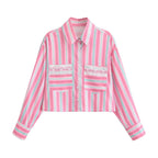 Women Clothing Summer Design Niche Lace Striped Shirt