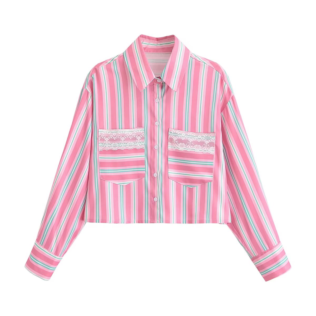 Women Clothing Summer Design Niche Lace Striped Shirt