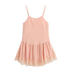 Pink lace satin slip dress with thin spaghetti straps and lace-trimmed tiered skirt