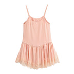 Pink lace satin slip dress with spaghetti straps and scalloped lace tiered skirt
