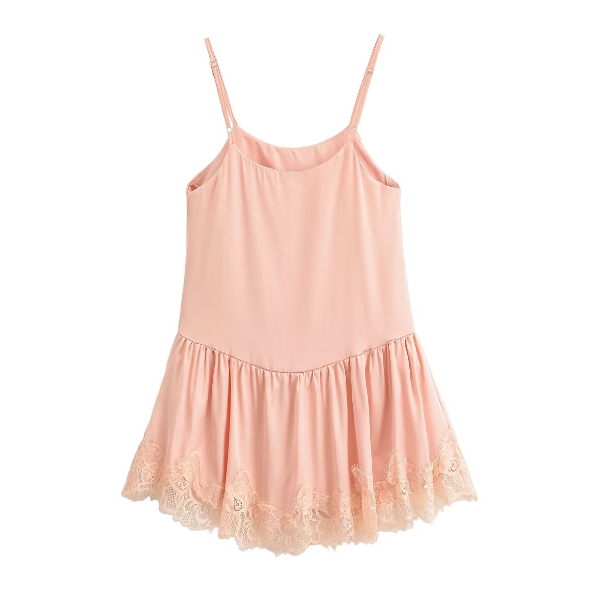Pink lace satin slip dress with spaghetti straps and scalloped lace tiered skirt