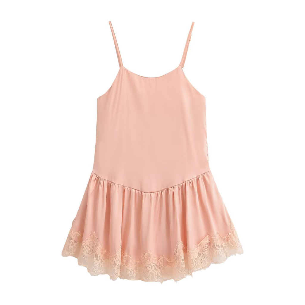 Pink lace satin slip dress with spaghetti straps and scalloped lace hem