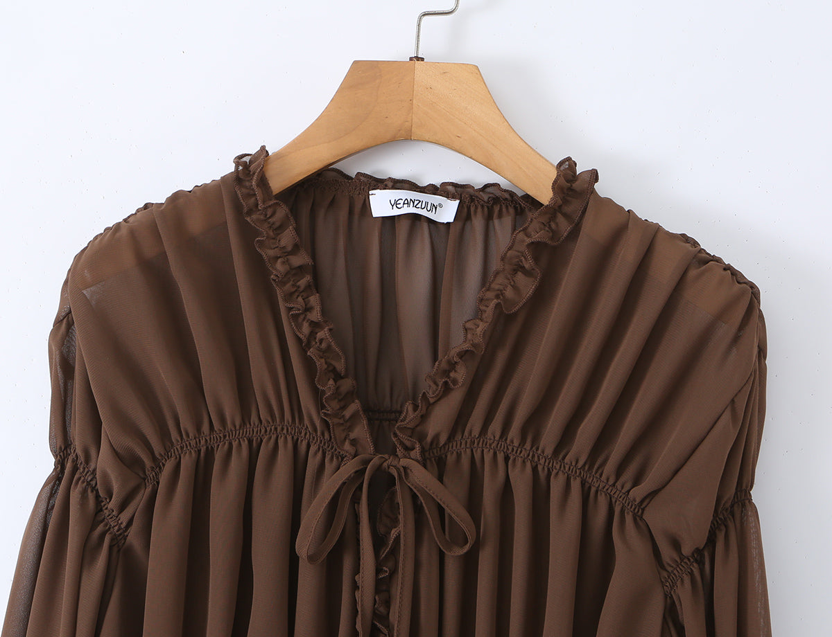 French Gentle Pleated Lace up Sun Protection Shirt Women