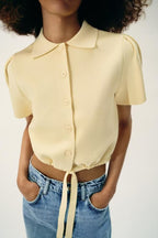 Women Clothing Summer Simple Bow Knitted Short Sleeved Shirt