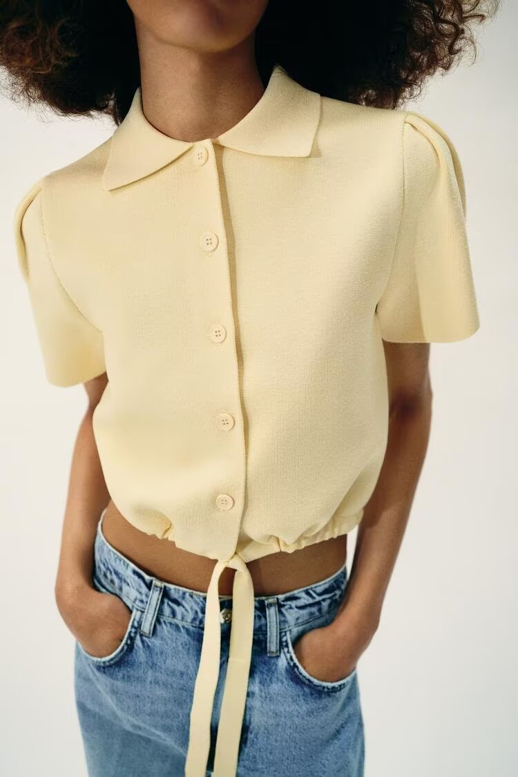 Women Clothing Summer Simple Bow Knitted Short Sleeved Shirt