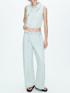 Women Clothing Denim Double Breasted Vest Jeans Suit