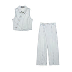 Women Clothing Denim Double Breasted Vest Jeans Suit
