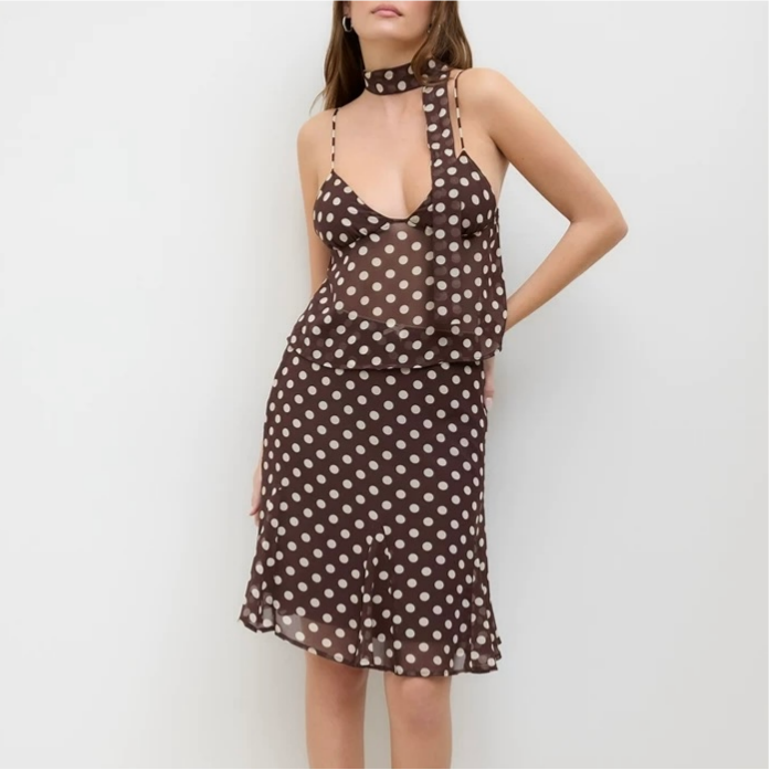 Sexy Retro Dots V neck Strap Top with Lace up Silk Scarf