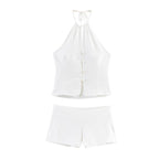 Women Decorated Row Button Hanging Collar Top HW Mini