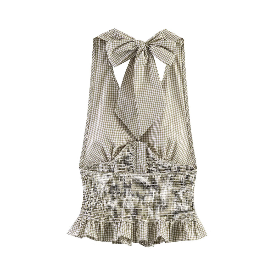 Women Clothing Summer Honeycomb Small Plaid Hanging Collar