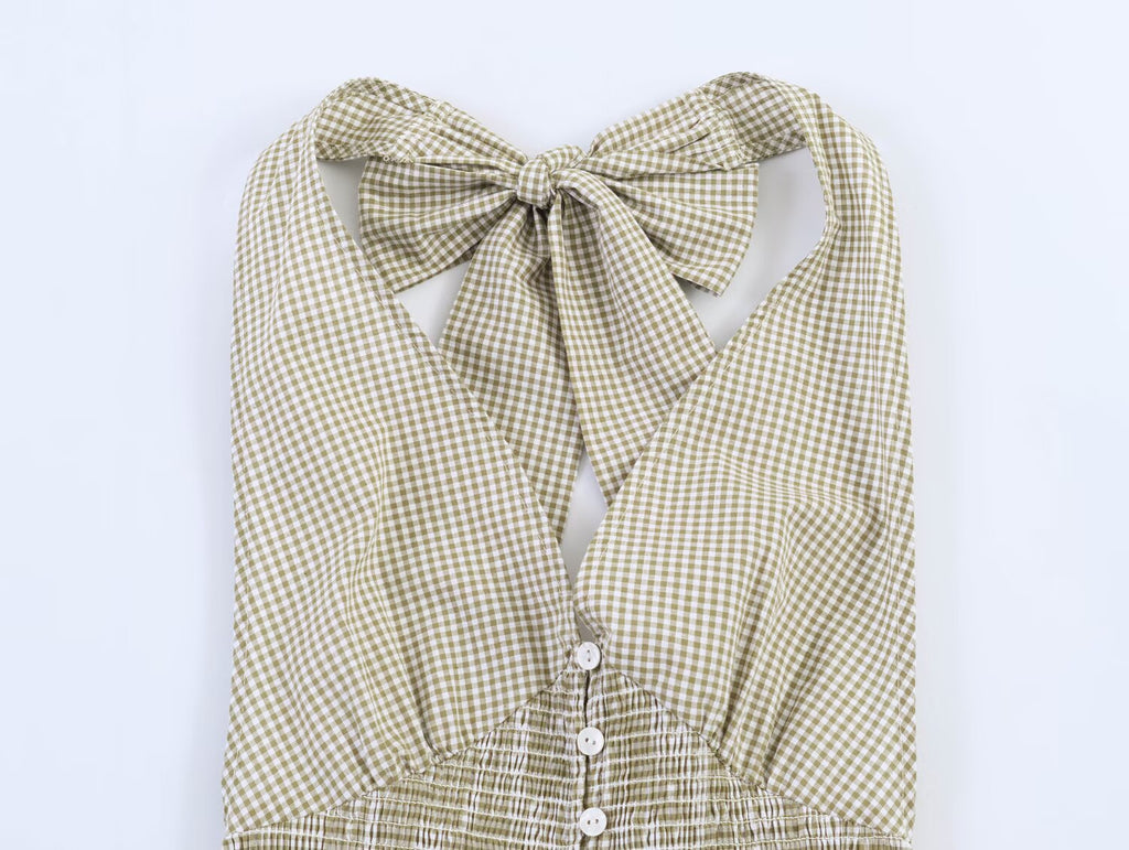 Women Clothing Summer Honeycomb Small Plaid Hanging Collar