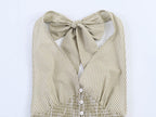 Women Clothing Summer Honeycomb Small Plaid Hanging Collar