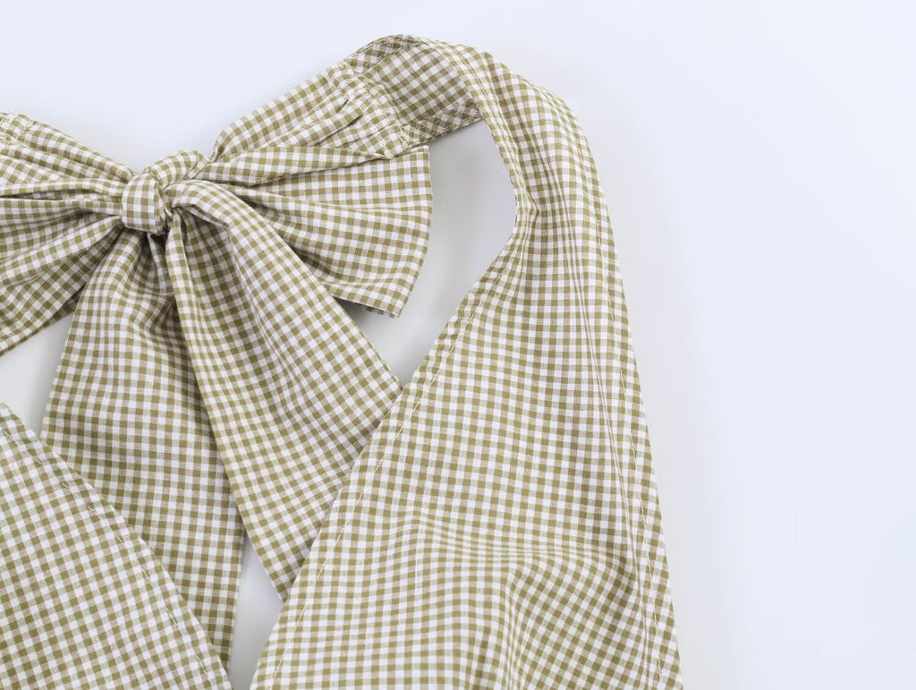 Women Clothing Summer Honeycomb Small Plaid Hanging Collar