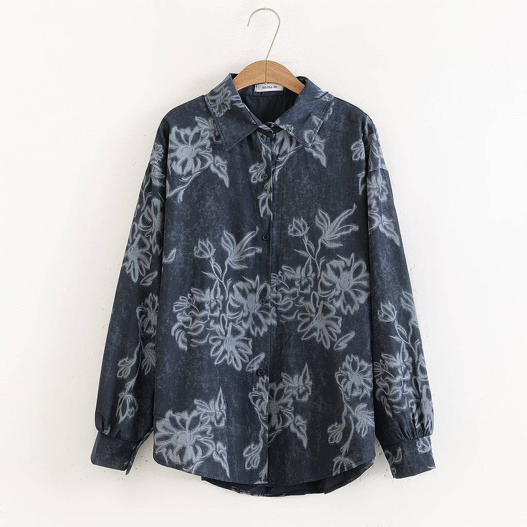 Women's Floral Print Loose Collared Long Sleeves Shirt Women