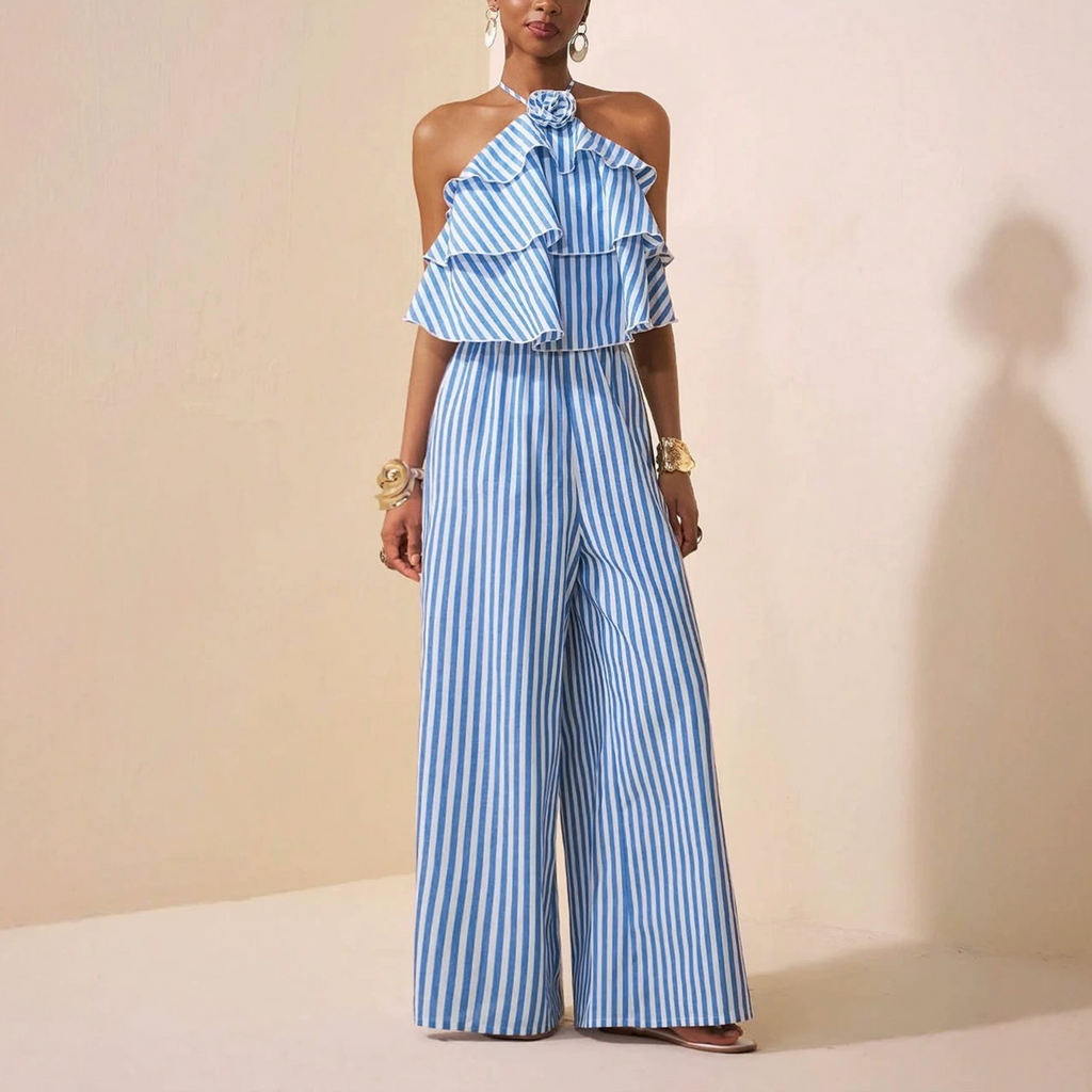 Elegant Office Lace up Halterneck Backless Striped Jumpsuit