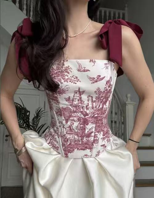 Women's Women French Style Vintage Print Fishbone Bra Strapless Top