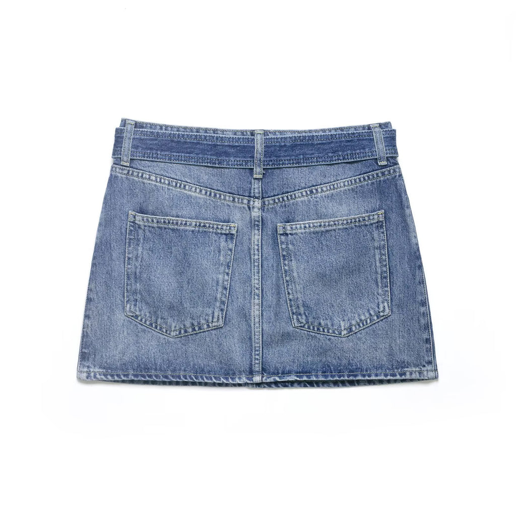 Vintage Belt Wash Effect Metal Buckle Denim Skirt