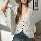 Women Hollow Embossed Hook Patterned V Neck Knitted Batwing