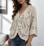 Women Hollow Embossed Hook Pattern V Neck Knitted Cardigan