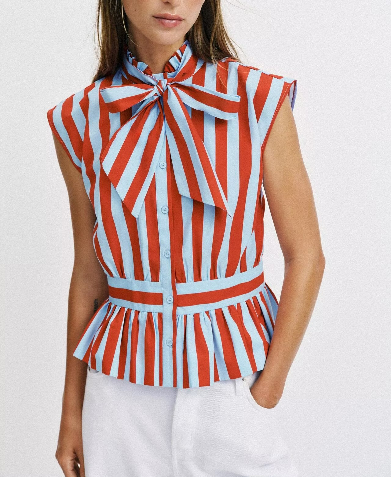 Women Fashionable All Match Bow Bow Tie Striped Shirt