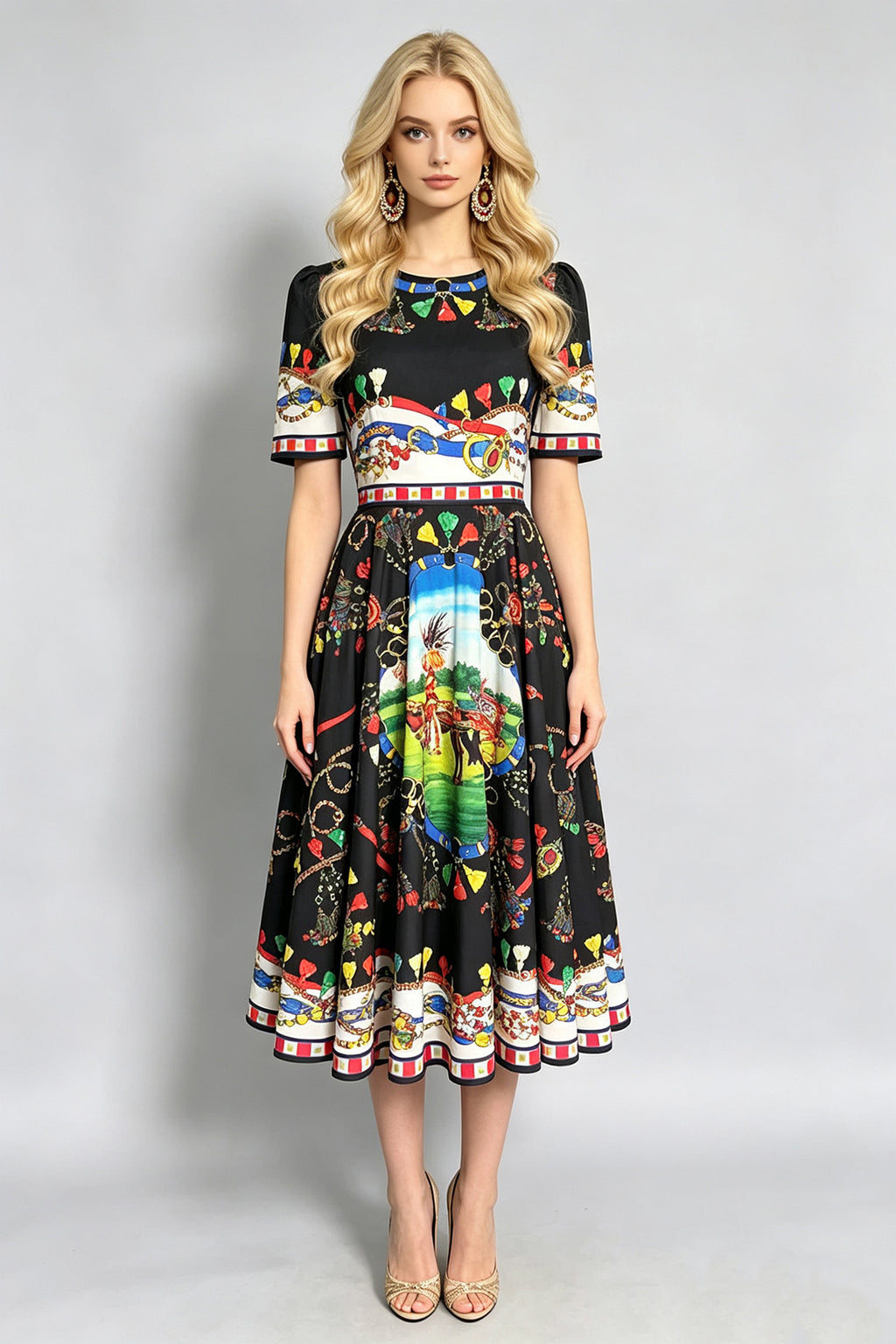 Black short-sleeve midi dress with colorful animals and chains print, full skirt