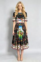 Black short-sleeve midi dress with colorful animals and chains print, full skirt