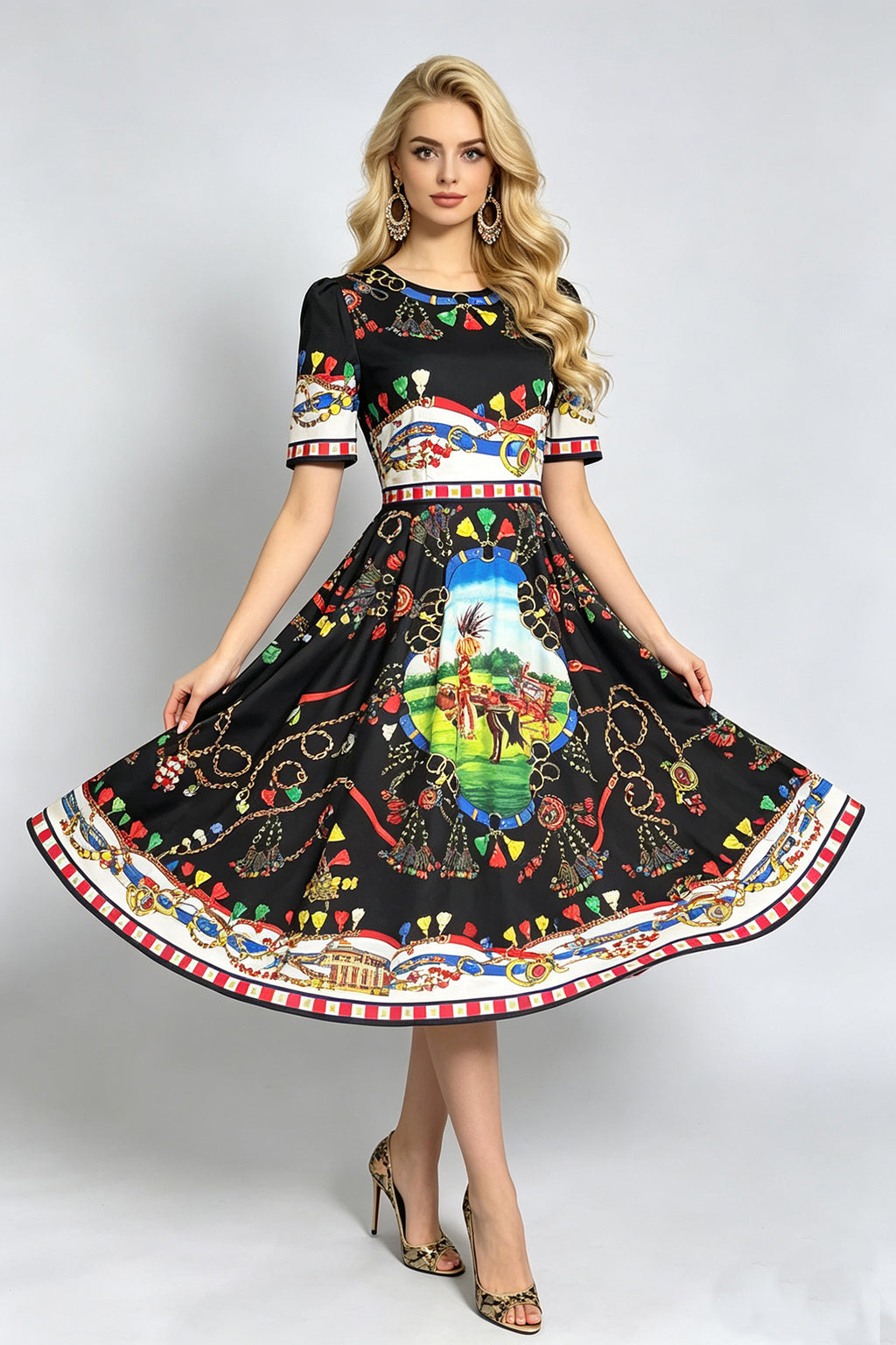 Black short-sleeve midi dress with colorful animal print and border hem