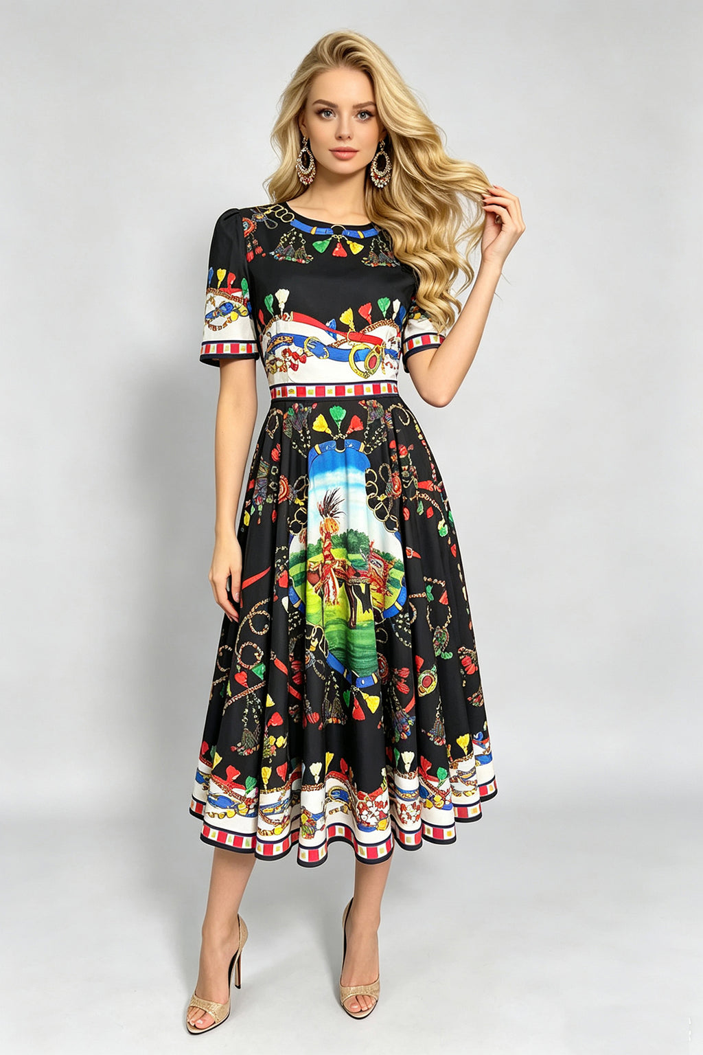 Black short-sleeve midi dress, colorful graphic print, pleated skirt and trim