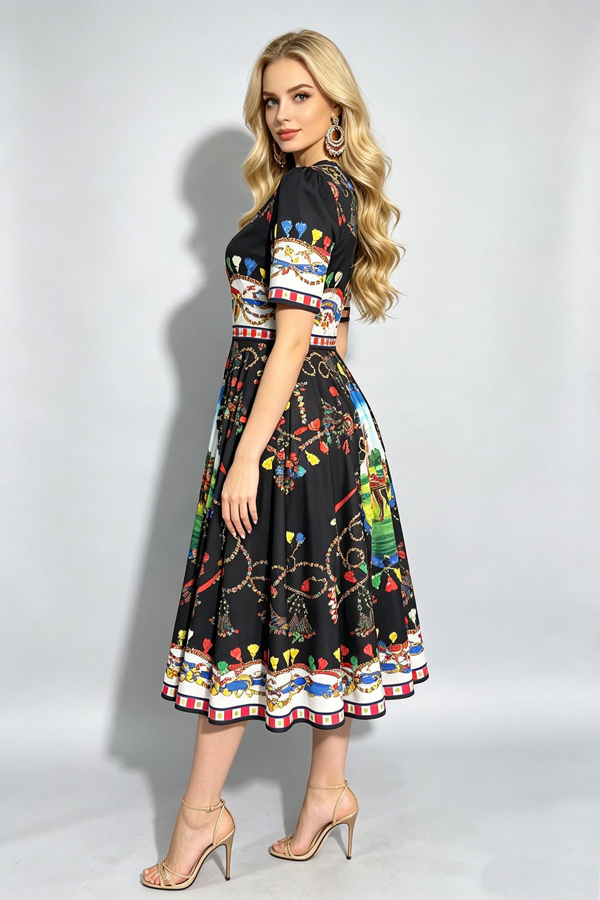 Black short-sleeve midi dress with colorful print and red-blue striped hem border