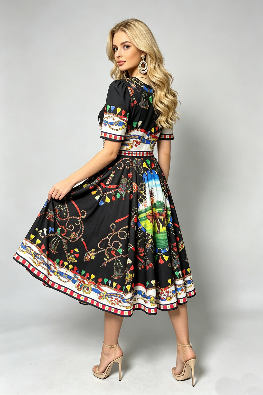 Black short-sleeve midi dress, colorful print panels, flared skirt with trimmed hem