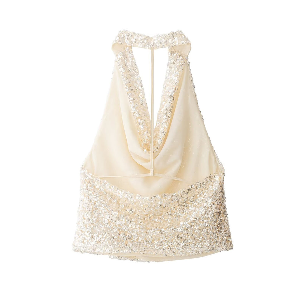 Women Clothing Fall Sexy Sexy Sequin Hanging Collar Sexy