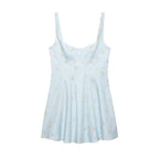 Light blue floral slip dress with spaghetti straps and gathered skirt