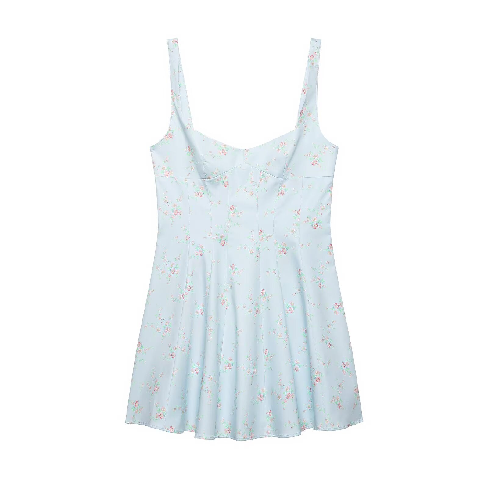 Light blue floral slip dress with spaghetti straps and gathered skirt
