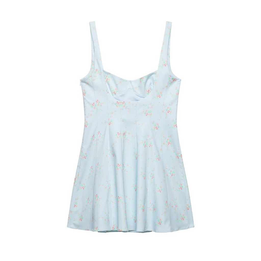 Light blue floral slip dress with spaghetti straps and pleated skirt