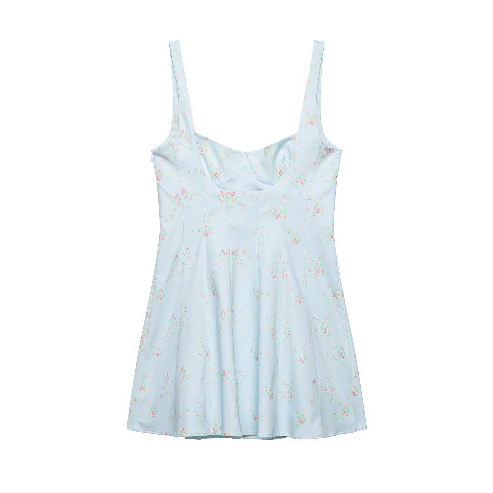 Light blue floral slip dress with spaghetti straps and pleated skirt