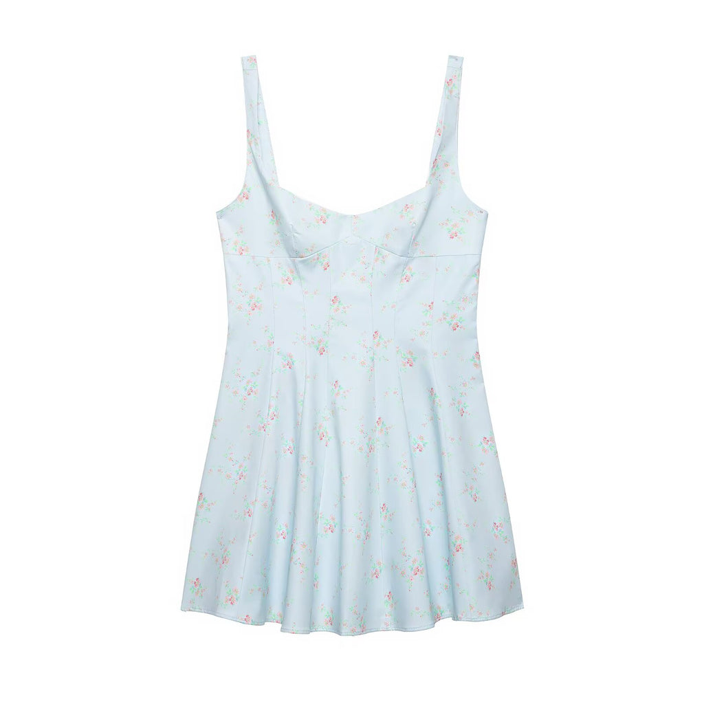 Light blue floral slip dress with spaghetti straps and A-line skirt
