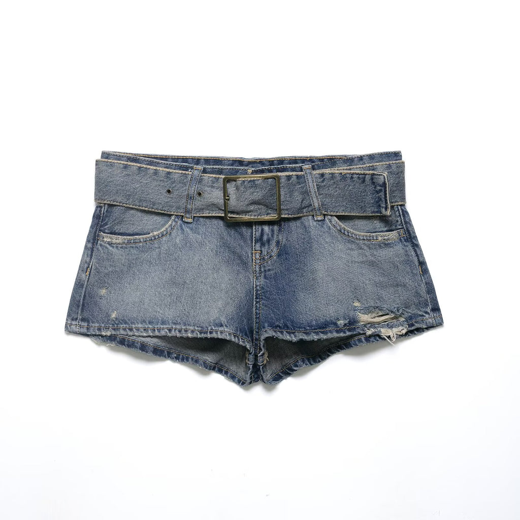 Women Clothing Summer Retro Belt Ripped Denim Shorts