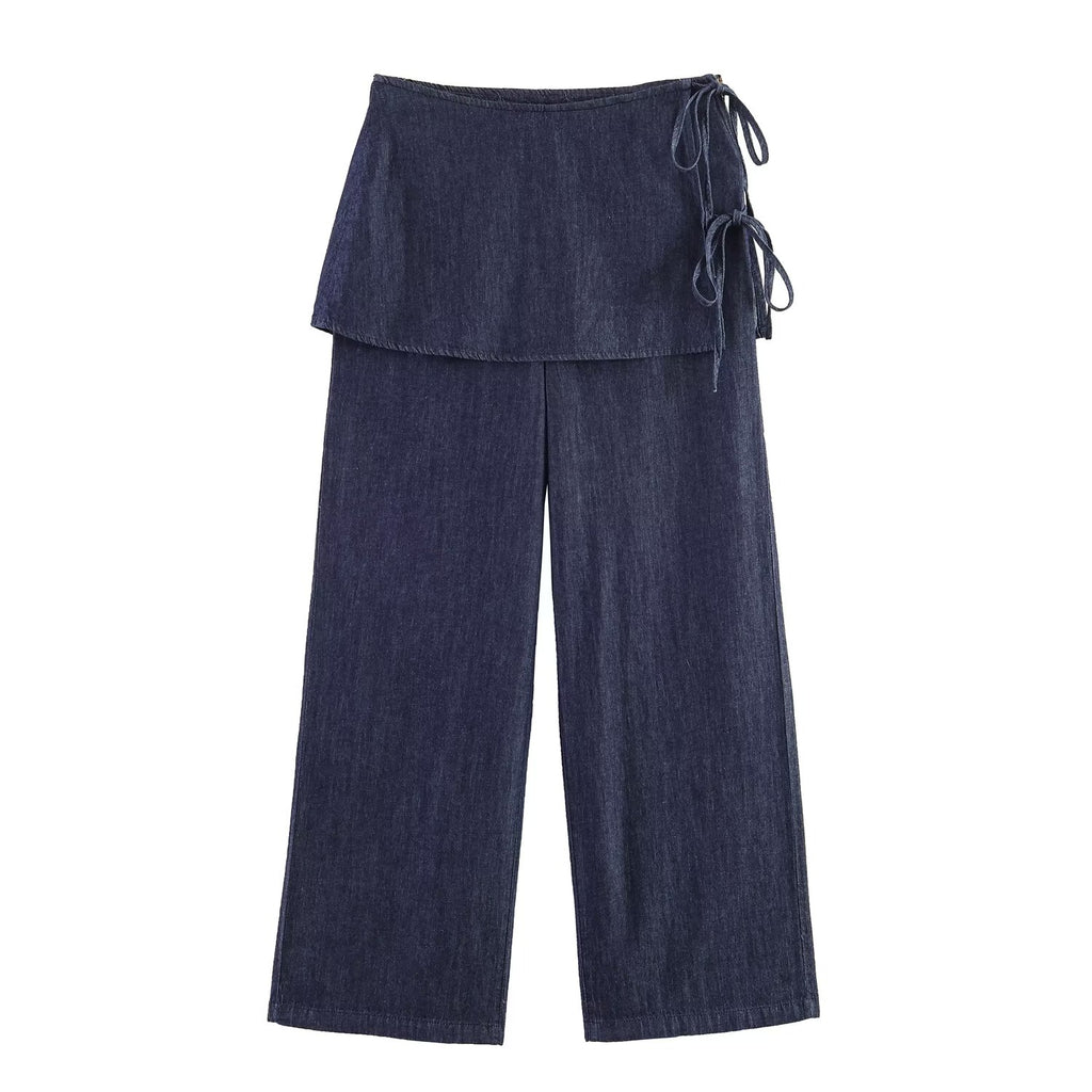 Fart Curtain Denim Trousers Chic Bow Lace up Wide Leg Pants