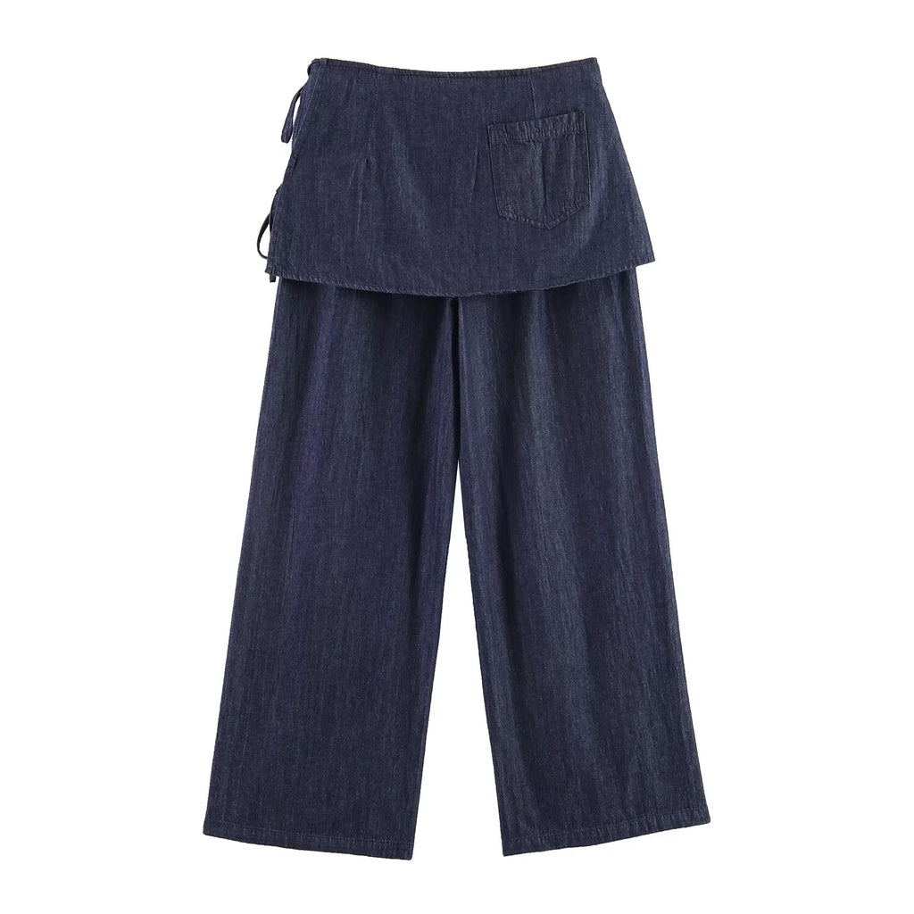 Fart Curtain Denim Trousers Chic Bow Lace up Wide Leg Pants