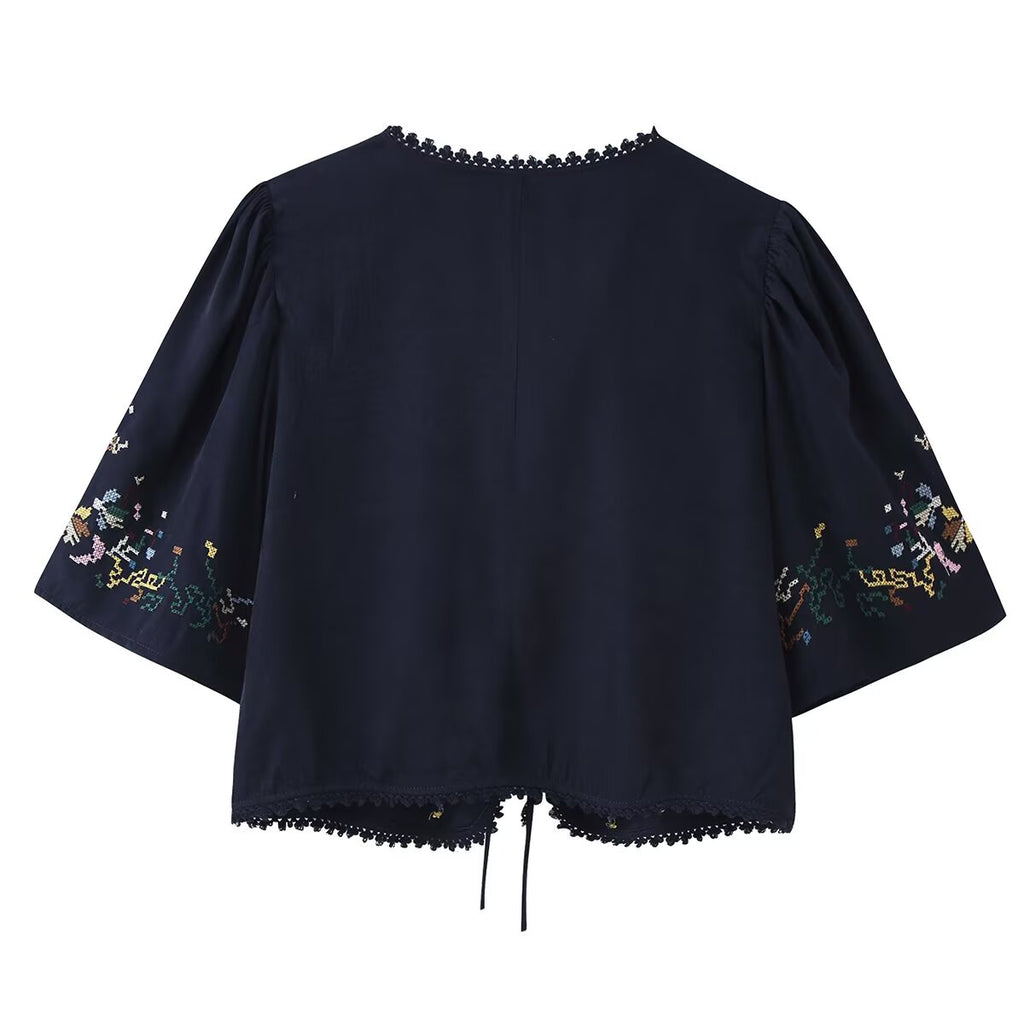 Women Clothing Fashionable Floral Embroidered Short Top