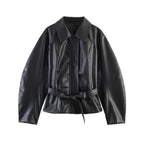 Women Short Version Lace up Leather Coat