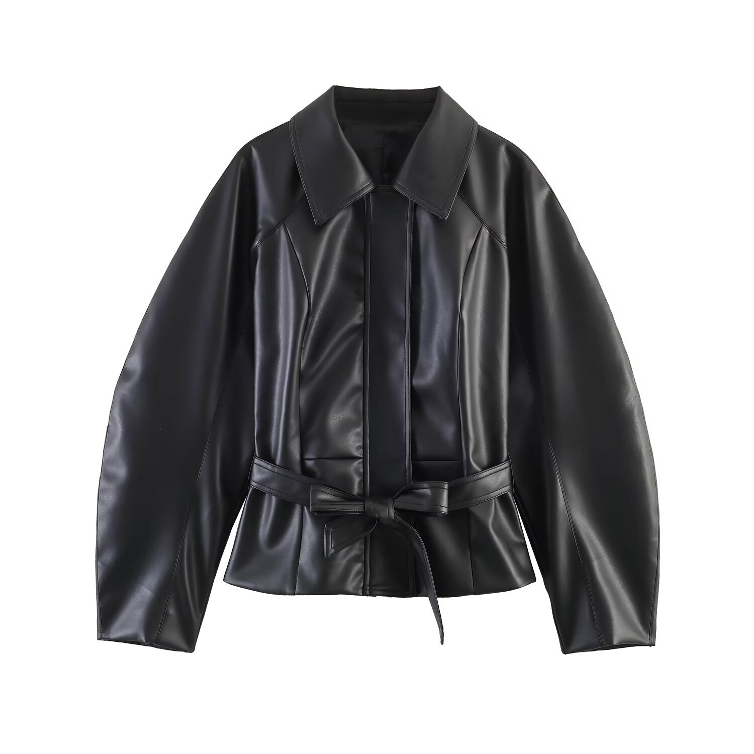 Women Short Version Lace up Leather Coat