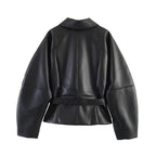 Women Short Version Lace up Leather Coat