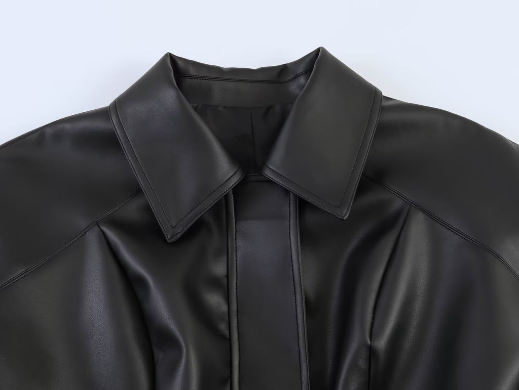 Women Short Version Lace up Leather Coat