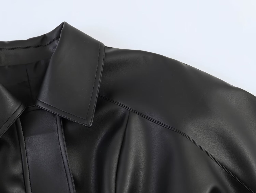 Women Short Version Lace up Leather Coat