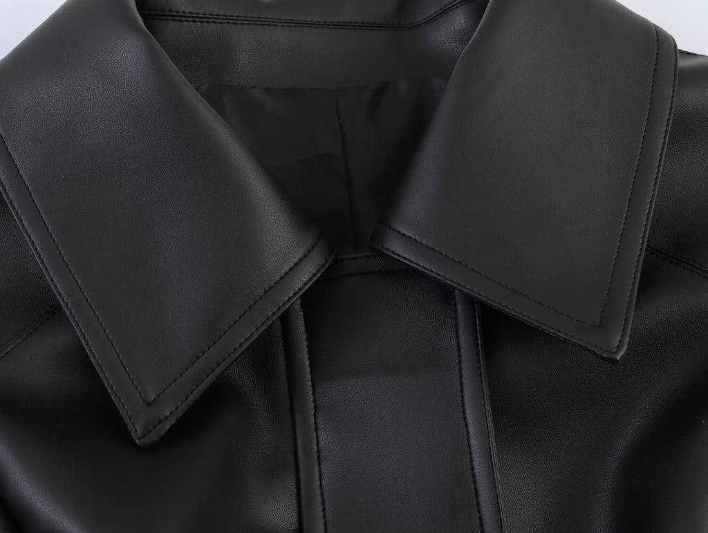 Women Short Version Lace up Leather Coat