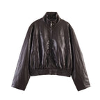 Women Clothing Spring Long Sleeve Faux Leather Short Bomber