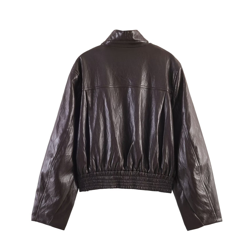 Women Clothing Spring Long Sleeve Faux Leather Short Bomber