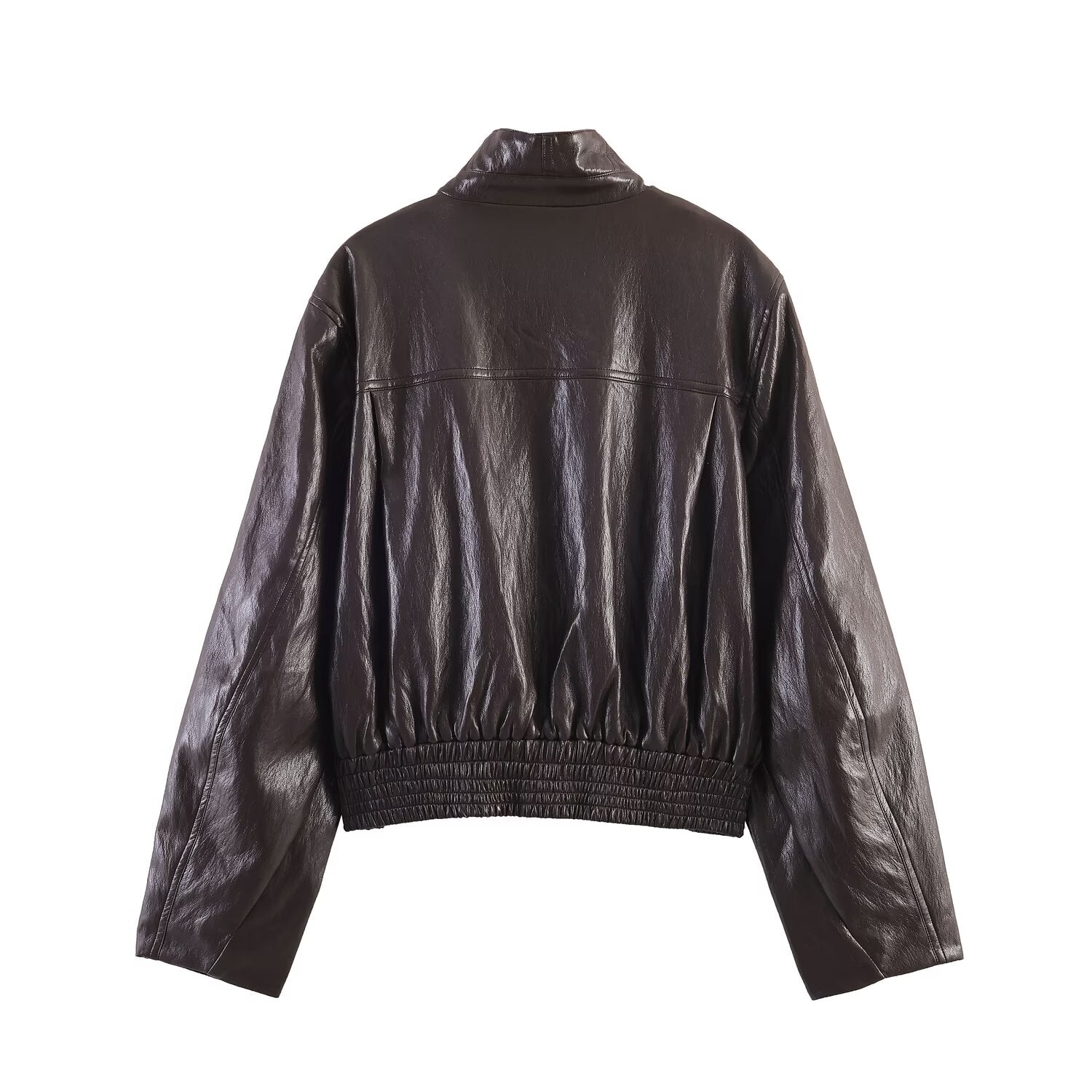Women Clothing Spring Long Sleeve Faux Leather Short Bomber