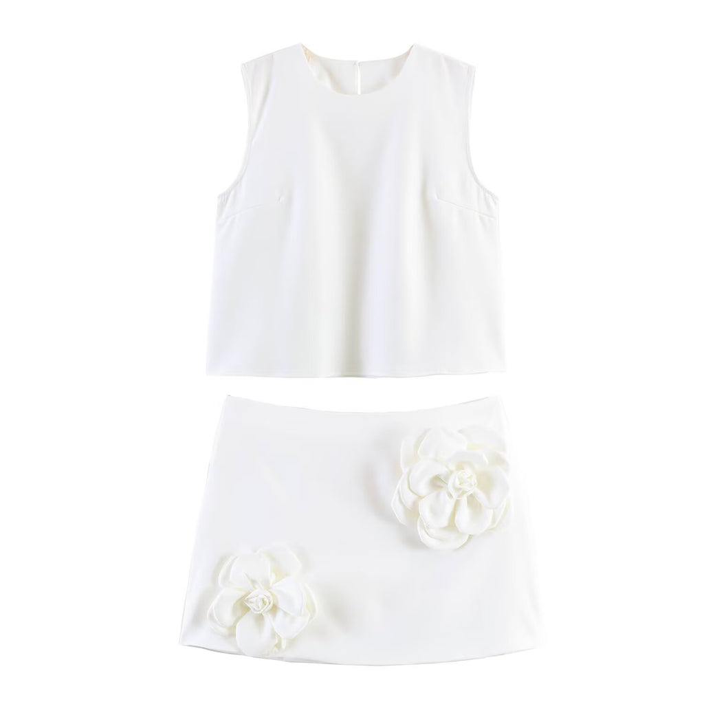 Women Clothing Simple Wild Vest Pattern Decoration Skirt Set